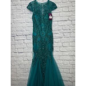 Abby Paris Teal Formal Prom Dress, Mermaid Cap Sleeve Net Ruffle Bottom SZ 6 NEW